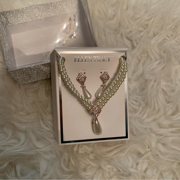pearl & pavé rhinestone necklace & earring set by Ellen Tracy NEW!! rose gold - Picture 4 of 9